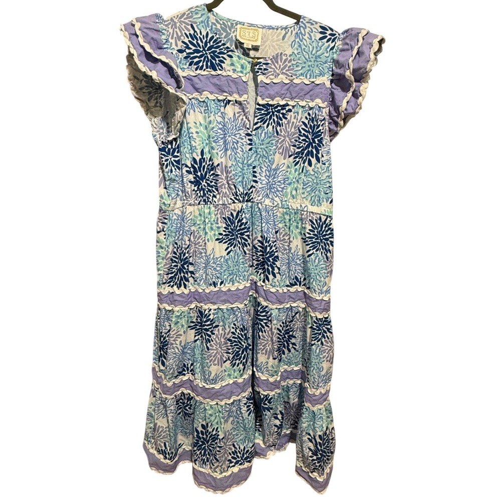 Sail to Sable‎ Floral Midi Dress Womens XXL Blue Purple Rickrack Flutter Sleeve